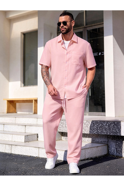 Take Two By Styli Men Plus Size Textured Shirt and Pants Co-ord Set