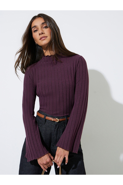 Styli Purple Ribbed Knit Long Sleeve Top