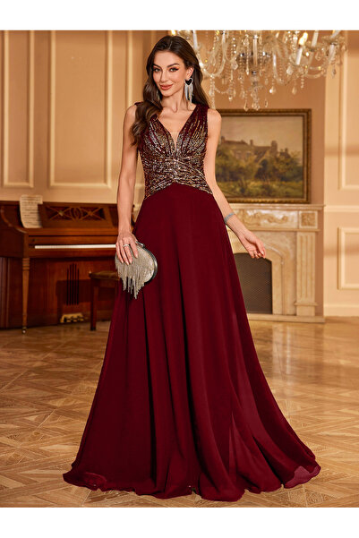 UNITHORSE Burgundy Sequin A-Line Maxi Evening Dress