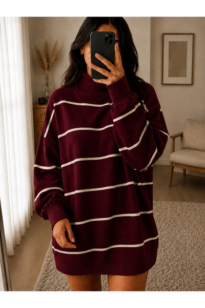 DepoExport Women's Half-Throat Striped Knitwear Sweater Oversize Loose Design