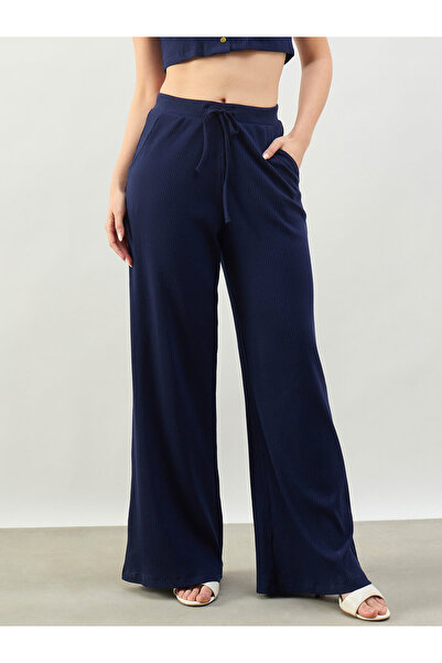 Sassafras By Styli Navy Blue Drawstring Ribbed Knit Pants