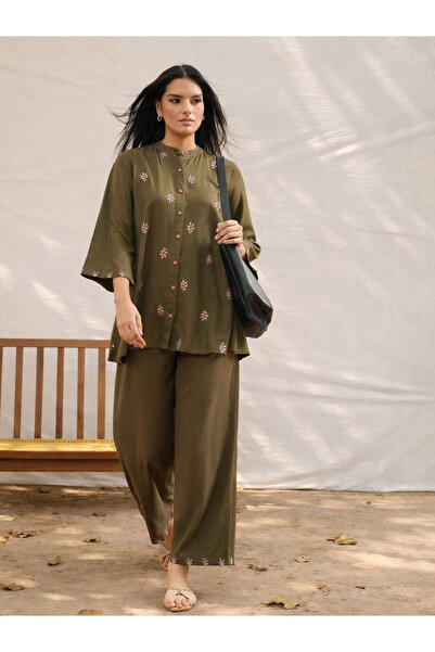Sassafras By Styli Olive Floral Embroidered Shirt and Palazzos Set
