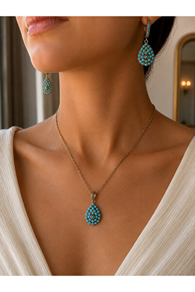 FAYRA ACCESSORIES طقم أقراط وقلادة أصلي بتصميم قطرة الماء من حجر الفيروز