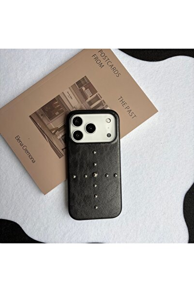 Choice22 iPhone 16 Pro black Luxury Metal Rivet Cross Black Faux Leather With...
