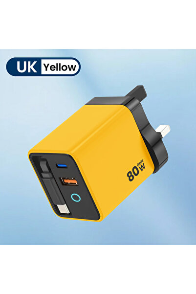 Choice3 Yellow UK 80W USB Type C Phone Super Fast Charger With Retractable US...