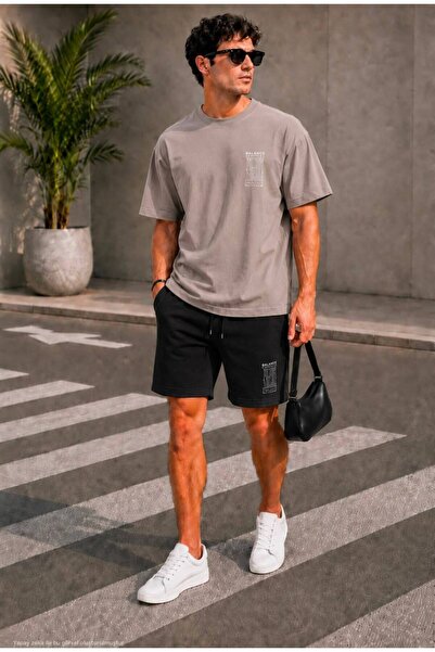 TREND EMMODA طقم شورت تي شيرت رجالي كبير الحجم مطبوع عليه Balance للجنسين