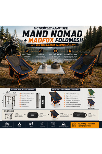 MANADA MAND Nomad Motorcu Masası + Madfox FoldMesh Katlanır Kamp Sandalyesi T...