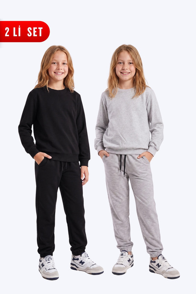 FYK KİDS Girl's 2-Piece Plain Crew Neck Double Pocket Tracksuit Set