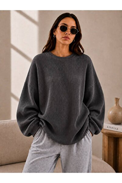 oneoff Women's Oversize Ribbed Knit Sweater Crew Neck Loose Long Sleeve Comfo...