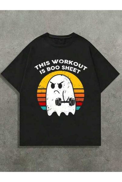 4CR Men's Graphic Black T-Shirt, Ghost Workout Boo Sheet Print Fitness Comfor...