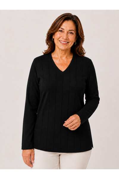 MISSRUBA Women's Black Ribbed Slit Mother Blouse for Middle Ages and Above