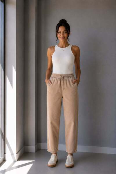 Vadon 1019 Kadın %100 Pamuk Gabardin Lastikli Bel Havuç Kesim Pantolon Camel