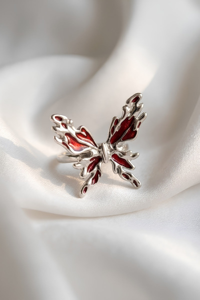 Elifsu Jewelry Gothic Ring Steel Adjustable Ring with Butterfly Figure