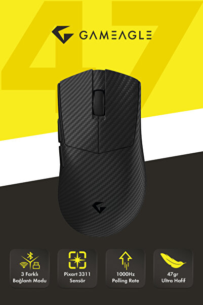 gameagle ShadowKnight Kablosuz 2.4Ghz+Bluetooth+Kablolu UltraHafif 47gr 1KHz 12000DPI KarbonFiber OyuncuMouse