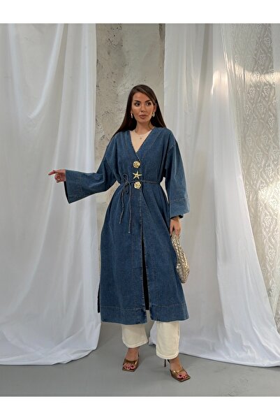 Hatun Atila V Yaka Aksesuarlı Beli Bağlamalı Uzun Denim Kimono 9133 - Mavi