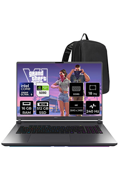 ASUS ROG Strix G18 Intel Core Ultra 9 290HX Plus RTX 5090 24GB 175W 16GB RAM 512GB SSD 18" 4K (3840x2400) WQUXGA 240Hz Mini LED FreeDOS G835LXG-TQ549P308 Gaming Laptop + PER4 Çanta