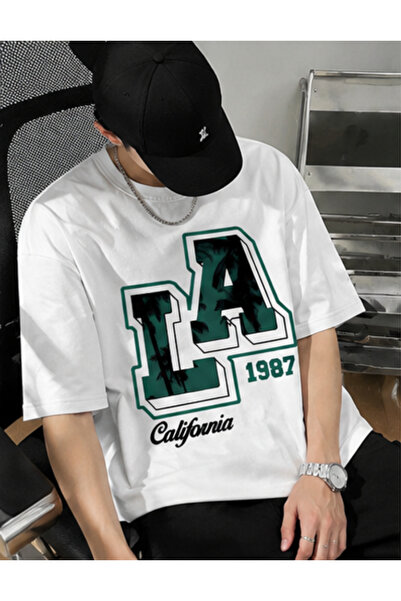 Relax family xf Men's White Oversize Loose Fit Basic Printed Cotton T-Shirt