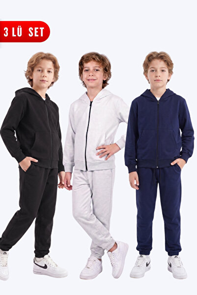 FYK KİDS Boys' 3-Piece Plain Basic Zippered Hooded Double Pocket Tracksuit Set