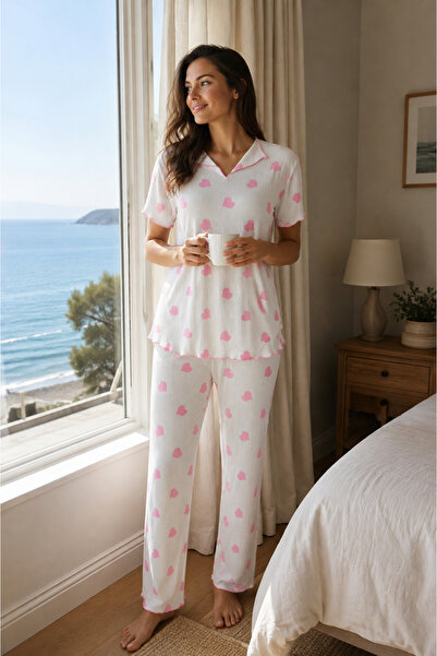 Arvin Pijama Women's Wrinkled Fabric Patterned Short Sleeve Pajama Set
