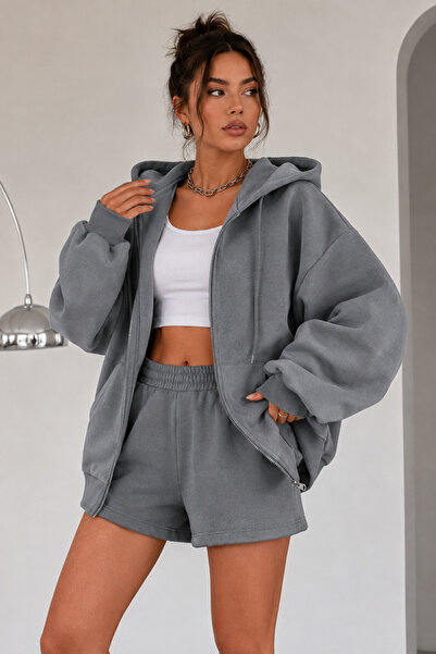 Moda Minimo Γυναικεία ζακέτα με κουκούλα και μανίκια μπαλόνι, με φερμουάρ, μα...