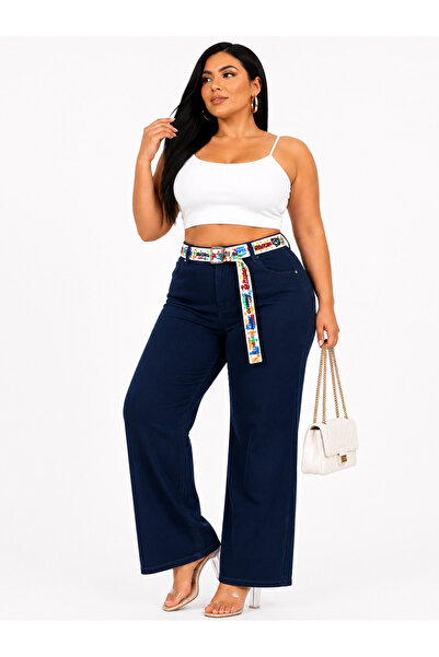 ZANESSI Plus Size Belted High Waist Pocketed Cotton Wide Leg Women's Trousers