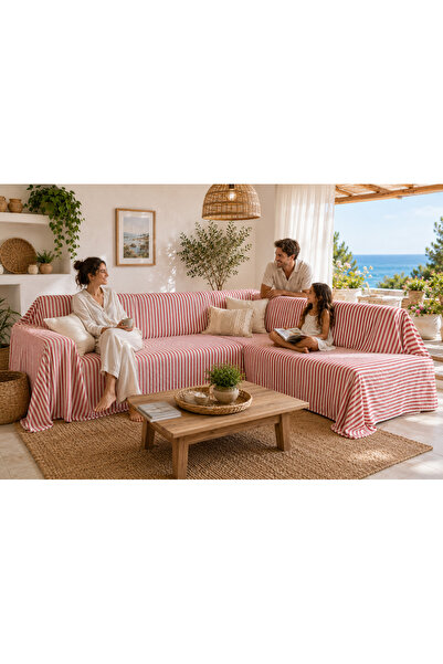 Sister Home Design 500x200 εκ. Κάλυμμα γωνιακού καναπέ L Ριγέ λινό σε φυσικό ...