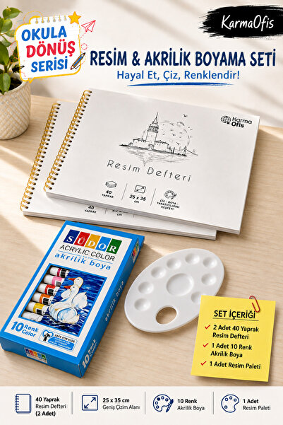 KarmaOfis Painting Notebook and Acrylic Paint Set 40 Sheets 25X35 cm 10 Color...