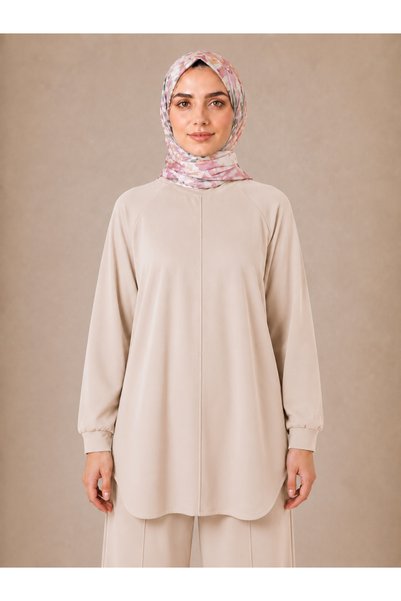 MEYASU Women's Modal Fabric Ribbed Stitching and Slit Detailed Top and Bottom Set - Beige