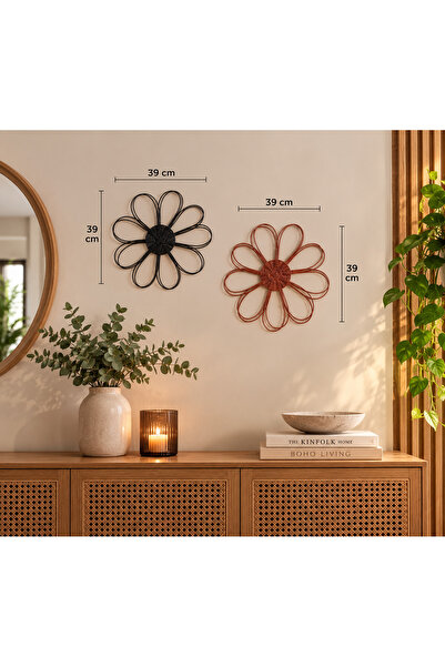 2'li Rattan Çiçek Duvar Dekoru Siyah Bordo 39 cm El Yapımı Bohem Duvar Süsü