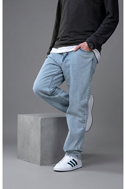 Erkek Buz Mavisi Rahat Kesim Baggy Denim Kot Pantolon – %100 Pamuk Bol Paça Jeans