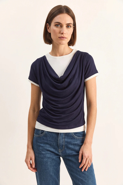 Efnaz style Women's Double Layered Look Degaje Collar Short Sleeve t Shirt Na...