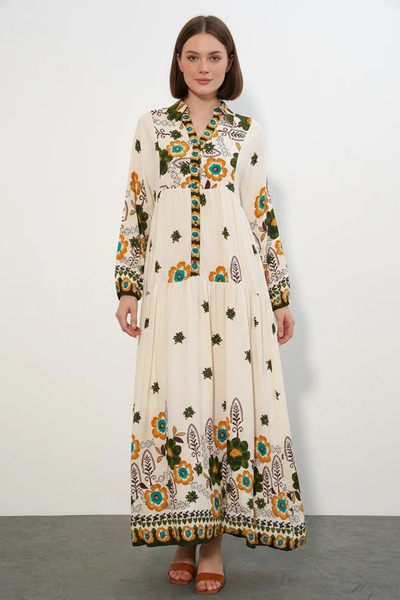 Efnaz style Women's High Collar Gathered Waist Floral Patterned Viscose Cream...