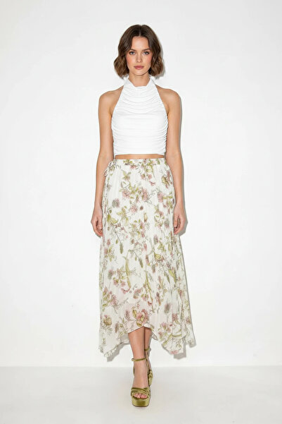 ALFA AKSESUAR 03 Women's Lined Elastic Waist Floral Patterned Asymmetrical Cu...