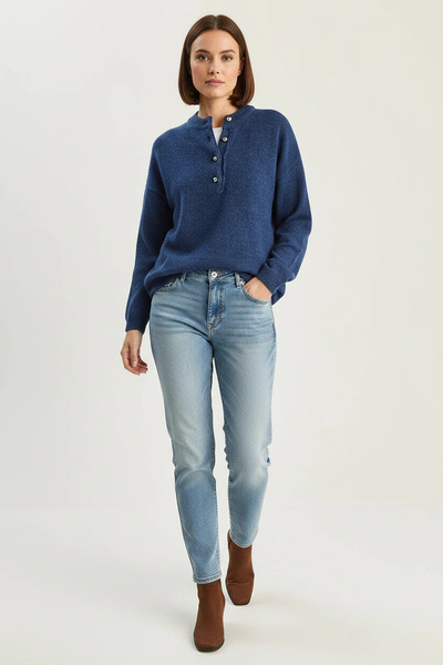 Efnaz style Women's Crew Neck Buttoned Knitwear Indigo Sweater