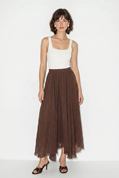 Generic Brand Women's Elastic Waist, Crush Effect, Lined, Flounce, Long Brown...