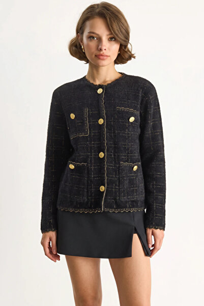 Generic Brand Women's Gold Glitter Vintage Buttoned Soft Textured Black Cardigan