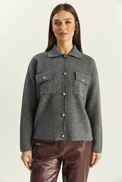 Şeker Portakalım Women's Gold Button Detailed Pocketed Knitwear Anthracite Ca...
