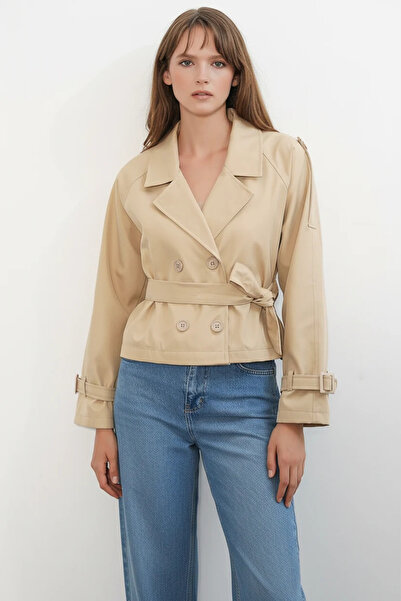 Efnaz style Women's Classic Collar Belted Double Button Beige Trench Coat