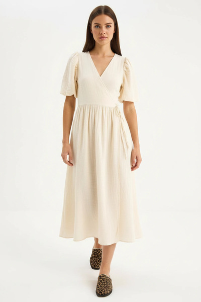 Efnaz style Women's Double-Breasted Balloon Sleeve Long Muslin Beige Dress