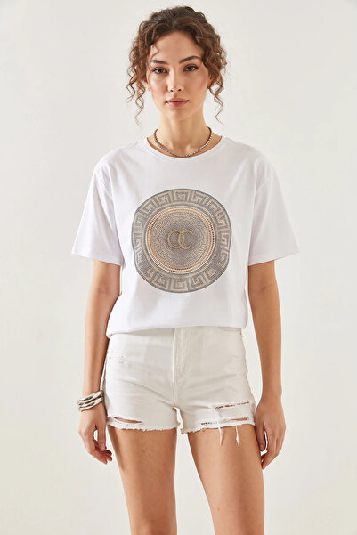 Efnaz style Women's Crew Neck Basic Combed Cotton T-Shirt with Stone Detail W...