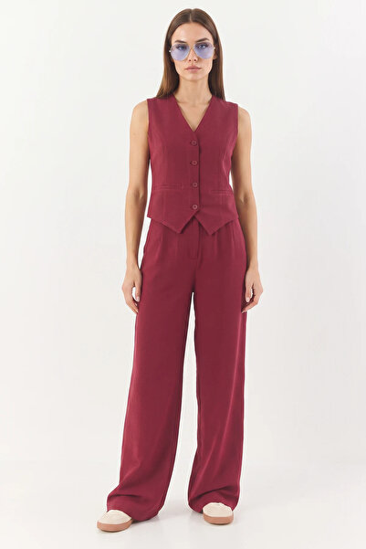 Efnaz style Women's High Waist Trousers and Vest Burgundy Top and Bottom Set