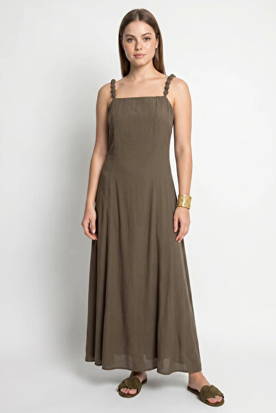 Efnaz style Women's Beaded Strap Detailed Square Neck Flowy Maxi Khaki Dress
