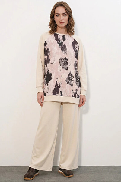 Generic Brand Women's Round Neck Oversize Patterned Cream Set