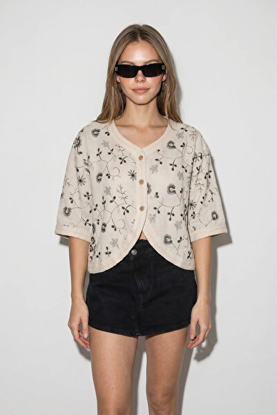 Şeker Portakalım Women's Floral Embroidered Garnished Linen Beige Black Blous...