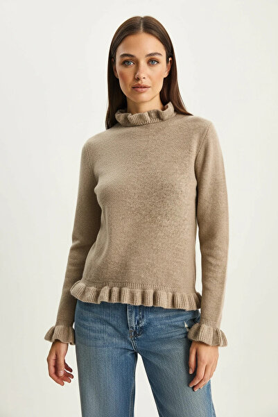 Generic Brand Women's Ruffle Collar Detailed Knitwear Mink Sweater