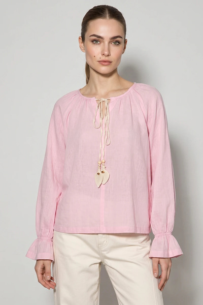 Efnaz style Women's Tie Collar, Flounce Sleeve Detailed, Linen Textured Pink ...