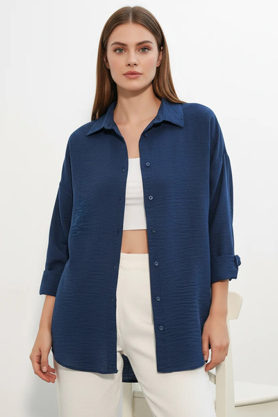 Efnaz style Women's Oversize Cut Linen Navy Blue Shirt