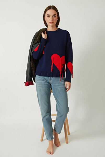 Generic Brand Women's Heart-Shaped Fringed Knitwear Navy Blue Red Sweater