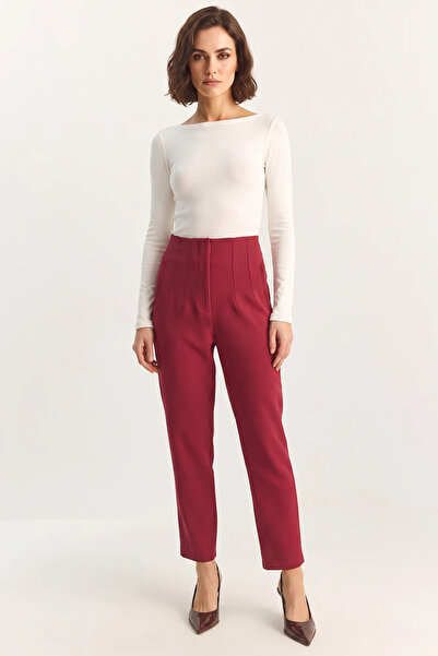 Efnaz style Women's High Waist Caramel Carrot Cut Burgundy Trousers