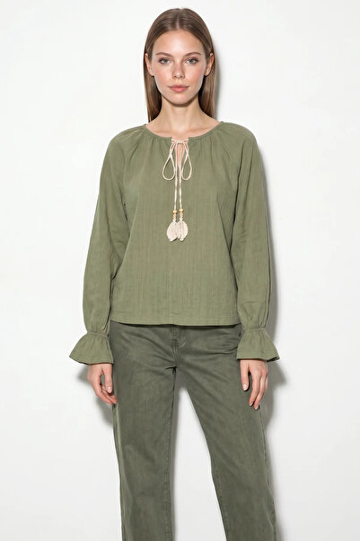 Efnaz style Women's Tie Collar Blouse with Flounce Sleeves and Linen Texture ...